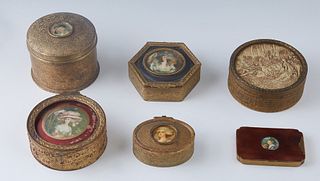 Group of Six Brass Plated Dresser Boxes, c. 1930, consisting of three circular examples, one oval example, one rectangular example, and one hexagonal 