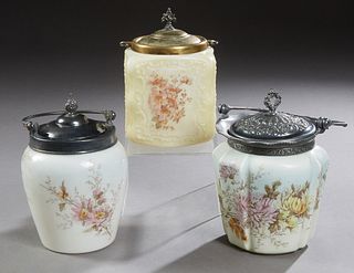 Group of Three Mount Washington Style Glass Biscuit Barrels, 19th c., unmarked, the sides with floral decoration, two in opaline glass, one yellow gla