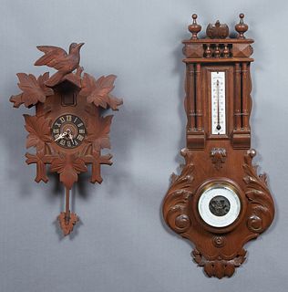 French Carved Beech Henri II Style Barometer, 19th c., with a finial and floral carved crest over a spindled gallery above an enamel alcohol thermomet