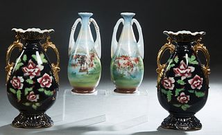 Two Pair of Victorian Handled Porcelain Baluster Vases, late 19th c., consisting of a black pair with gilt and floral decoration; and a tapered circul