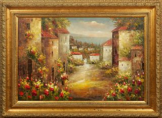 Chinese School, "Continental Village with Flowers," 20th/21st c., oil on canvas, presented in a gilt composition frame, H.- 23 1/4 in., W.- 35 1/2 in.