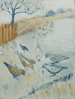Althea Dodson Tanner (1919-2014, New Orleans), "Feeding Birds," 20th c., acrylic on canvas, signed and titled en verso, unframed, H.- 24 in., W.- 18 i
