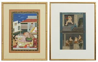 Two Indian Watercolors, 20th c., consisting of an erotic scene, in a gilt frame; and a night scene of a woman smoking a hookah, presented in a faux ba
