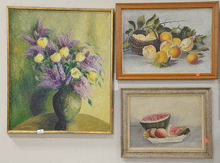 Four Piece Group of Paintings, to include "White Rose", oil on canvas; still life with watermelons, oil on panel; still life of fruit; along with stil
