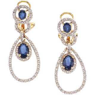 PAIR OF EARRINGS WITH SAPPHIRES AND DIAMONDS, 14K YELLOW GOLD 4 oval cut sapphires ~1.10 ct, 116 8x8 cut diamonds ~0.30 ct