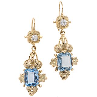 PAIR OF EARRINGS WITH TOPAZ AND DIAMONDS IN 14K YELLOW GOLD 2 Octagonal cut topaz ~6.0ct and 2 Antique cut diamonds~0.40ct