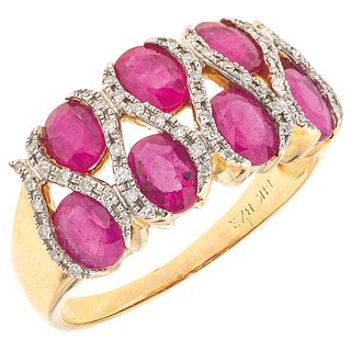 RING WITH RUBIES AND DIAMONDS 14K YELLOW GOLD, 7 Oval cut rubies ~2.10 ct and 52 8x8 cut diamonds ~0.13 ct