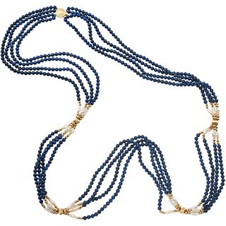 14K YELLOW GOLD NECKLACE WITH LAPIS LAZULI AND CULTIVATED PEARLS 4 Strands of lapis lazuli beads and 32 white river pearls