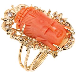 RING WITH CORAL AND DIAMONDS 14K YELLOW GOLD 1 Carved orange coral and 20 Brilliant cut diamonds ~0.30 ct. Size: 6 ½