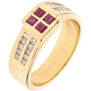 RING WITH RUBIES AND DIAMONDS IN 14K YELLOW GOLD 4 Square cut rubies ~0.36 ct, 20 Baguette cut diamonds ~0.20 ct