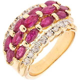 RING WITH RUBIES AND DIAMONDS IN 14K YELLOW GOLD 13 marquise cut rubies ~1.56 ct, 16 8x8 cut diamonds ~0.22 ct. Size: 5