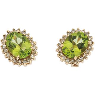PAIR OF EARRINGS WITH PERIDOTS AND DIAMONDS IN 14K YELLOW GOLD 2 Oval cut peridotes ~2.0 ct, 40 8x8 cut diamonds ~0.20 ct