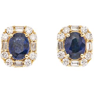 PAIR OF STUD EARRINGS WITH SAPPHIRES AND DIAMONDS IN 14K YELLOW GOLD 2 Oval cut sapphires ~0.30ct, 24 Diamonds (different cuts)~0.24ct