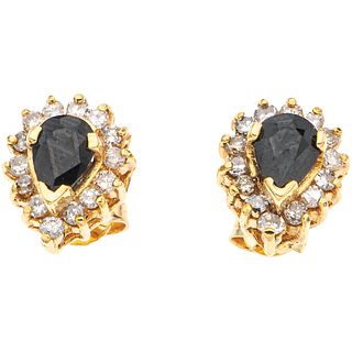 PAIR OF STUD EARRINGS WITH SAPPHIRES AND DIAMONDS IN 14K YELLOW GOLD 2 Pear cut sapphires~1.20ct, 28 Diamonds (different cuts) ~0.70ct