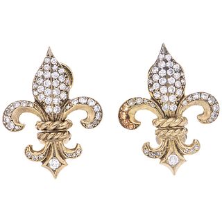 PAIR OF EARRINGS WITH DIAMONDS IN WHITE AND YELLOW 14K GOLD 96 8x8 and brilliant cut diamonds ~1.20 ct. Weight: 10.3 g