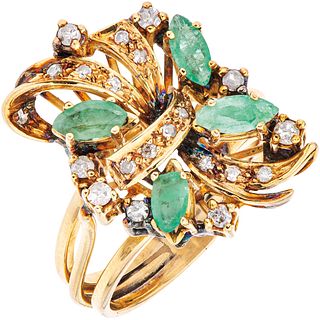 RING WITH EMERALDS AND DIAMONDS IN 10K YELLOW GOLD 4 Marquise cut emeralds ~0.80 ct, 21 8x8 cut diamonds ~0.30 ct