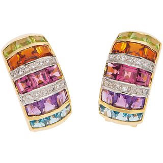 PAIR OF EARRINGS WITH AMETHYSTS, GARNETS, PERIDOTS, TOPAZ AND DIAMONDS IN 14K YELLOW GOLD 30 semi-precious gems