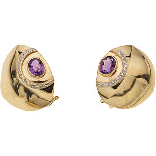 PAIR OF EARRINGS WITH AMETHYSTS AND DIAMONDS IN 14K YELLOW GOLD 2 Oval cut amethysts ~3.20 ct, 14 8x8 cut diamonds ~0.14 ct