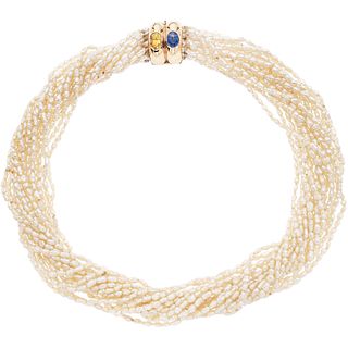 CULTIVATED PEARL CHOKER WITH 18K YELLOW GOLD CLASP WITH SAPPHIRES Blue and yellow oval cut sapphires ~2.3 ct, 18 strands of pearls