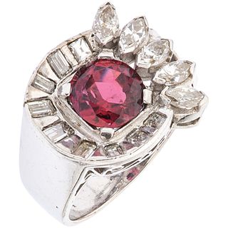 RING WITH GARNET AND DIAMONDS IN PALLADIUM SILVER 1 Round cut garnet ~1.0 ct, 14 Baguette and marquise cut diamonds. Size: 5