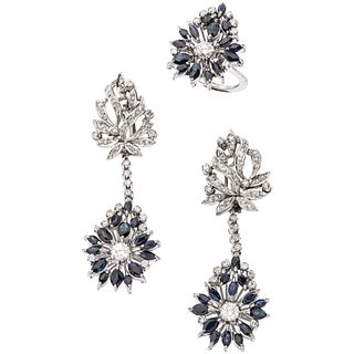 SET OF RING AND PAIR OF EARRINGS WITH SAPPHIRES AND DIAMONDS IN PALLADIUM SILVER 45 Marquise cut sapphires, 101 Diamonds (different cuts)