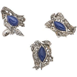 SET OF RING AND PAIR OF EARRINGS WITH SAPPHIRES AND DIAMONDS IN PALLADIUM SILVER 3 Cabochon cut star sapphires, 27 diamonds