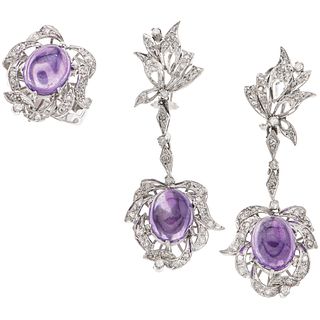 SET OF RING AND PAIR OF EARRINGS WITH AMETHYSTS AND DIAMONDS IN PALLADIUM SILVER 3 Cabochon cut amethysts, 84 8x8 cut diamonds
