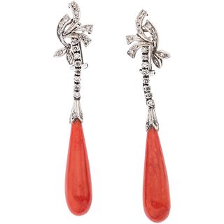 PAIR OF EARRINGS WITH CORAL AND DIAMONDS IN PALLADIUM SILVER 42 8x8 cut faceted diamonds ~0.40 ct. Weight: 12.1 g