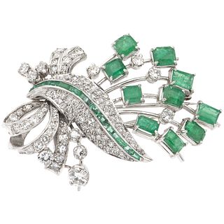 BROOCH WITH EMERALDS AND DIAMONDS IN PALLADIUM SILVER 23 Emeralds (different cuts) ~3.50 ct, 100 Diamonds (different cuts)