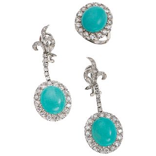 SET OF RING AND PAIR OF EARRINGS WITH TURQUOISES AND DIAMONDS IN PALLADIUM SILVER 3 Turquoise, 82 8x8 and Swiss cut diamonds
