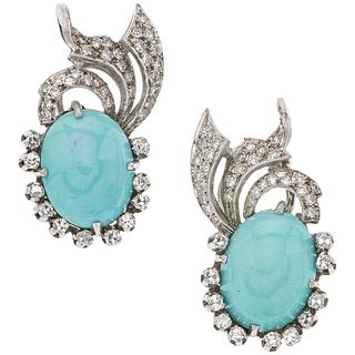 PAIR OF EARRINGS WITH TURQUOISES AND DIAMONDS IN PALLADIUM SILVER 2 Cabochon cut turquoises ~11.0 ct, 86 8x8 cut diamonds ~1.0 ct