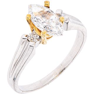 RING WITH DIAMONDS IN 14K WHITE AND YELLOW GOLD 1 Marquise cut diamond ~1.10 ct, 2 Brilliant cut diamonds, Size: 9½