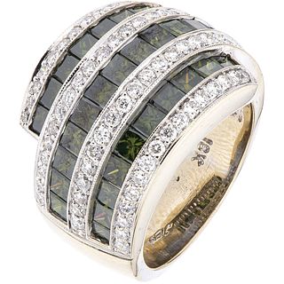 RING WITH DIAMONDS IN 18K WHITE GOLD 34 Princess cut green diamonds ~5.0 ct, 74 Brilliant cut diamonds ~1.48 ct