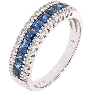 RING WITH SAPPHIRES AND DIAMONDS IN 14K WHITE GOLD 10 Square cut sapphires ~1.0 ct, 26 8x8 cut diamonds~0.26 ct. Size: 8