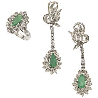 SET OF RING AND EARRINGS IN EMERALDS AND DIAMONDS IN PALLADIUM SILVER 3 Pear cut emeralds 2.0ct, 60 8x8 cut diamonds