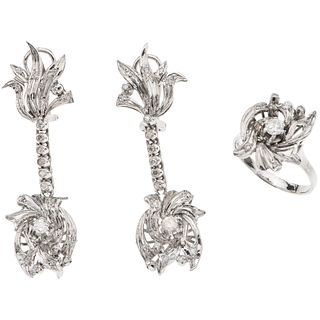 SET OF RING AND PAIR OF EARRINGS WITH DIAMONDS IN PALLADIUM SILVER 49 Diamonds (different cuts) ~0.65 ct. Weight: 15.0 g