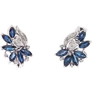 PAIR OF EARRINGS WITH SAPPHIRES AND DIAMONDS IN PALLADIUM SILVER 6 marquise cut sapphires ~1.20 ct, 22 8x8 cut diamonds ~0.14 ct