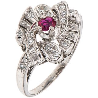 RING WITH RUBY AND DIAMONDS IN 10K WHITE GOLD 1 Oval cut ruby ~0.18 ct, 24 8x8 cut diamonds~0.24 ct. Size: 6 ¾