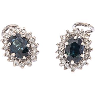 PAIR OF EARRINGS WITH SAPPHIRES AND DIAMONDS IN PALLADIUM SILVER 2 Oval cut sapphires ~1.50 ct, 32 8x8 cut diamonds ~0.48 ct