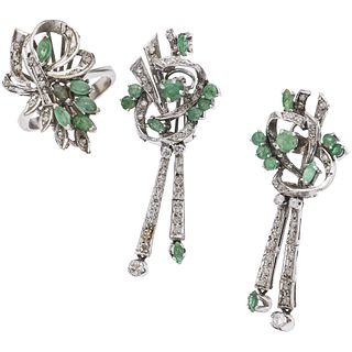 SET OF RING AND PAIR OF EARRINGS WITH EMERALDS AND DIAMONDS IN PALLADIUM SILVER 24 Emeralds (different cuts), 72 8x8 cut dimonds