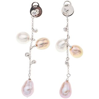 PAIR OF EARRINGS WITH CULTIVATED PEARLS AND DIAMONDS IN 14K WHITE GOLD 6 Multicolor pearls, 8 Brilliant cut diamonds ~0.05 ct