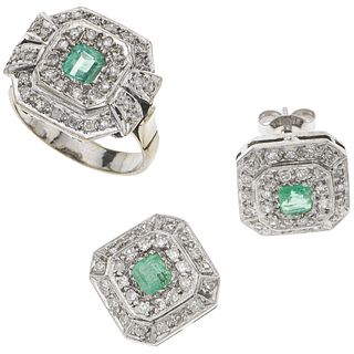 SET OF RING AND STUD EARRINGS WITH EMERALDS AND DIAMONDS IN PALLADIUM SILVER 3 Emeralds ~1.0 ct, 90 Diamonds ~0.90 ct