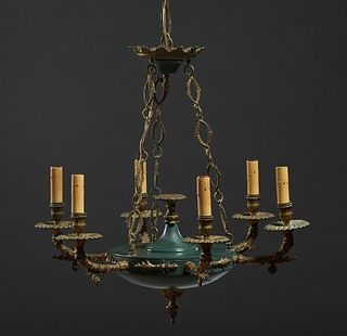 French Empire Style Brass and Iron Six Light Chandelier, early 20th c., the green patinated iron urn body encircled by a relief decorated brass band i