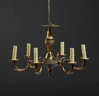 French Empire Style Brass and Iron Six Light Chandelier, 20th c., the green patinated iron urn body encircled by a relief decorated brass band issuing
