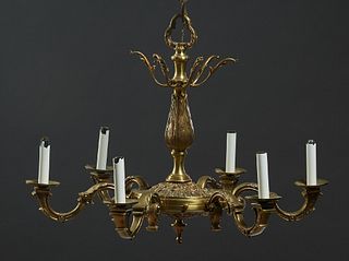 Louis XV Style Gilt Bronze Six Light Chandelier, 20th c., the tapered relief decorated support, to a relief decorated urn issuing six relief scrolled 