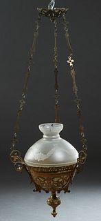 American Bronze Circular Hall Light, early 20th c., with an etched frosted glass bell shade atop a tapered pierced body with three pierced leaf decora