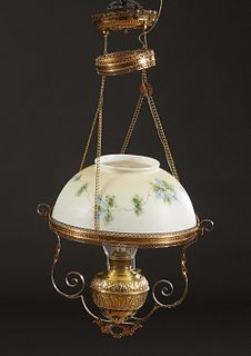 American Brass Retractable Hanging Oil Light, late 19th c., with a floral painted milk glass bell shade, within a circular brass band suspended from t