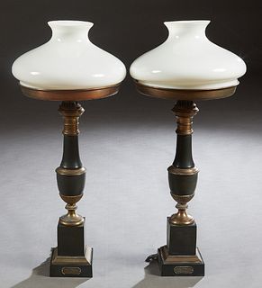 Pair of French Patinated and Gilt Brass Moderator Lamps, 19th c., of tapered baluster urn form, on square bases with applied metal plaques: LAMPE A MO