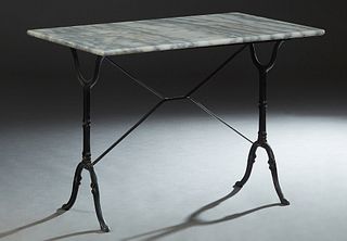 Parisian Cast Iron Marble Top Bistro Table, 20th c., the figured gray and white rectangular marble on trestle bases, joined by an X-form stretcher, H.
