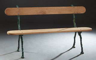 Cast Iron Carved Cherry Outdoor Bench, early 20th c., the rounded edge cherry back splats and seats on naturalistic "branch" legs, H.- 34 in., W.- 63 
